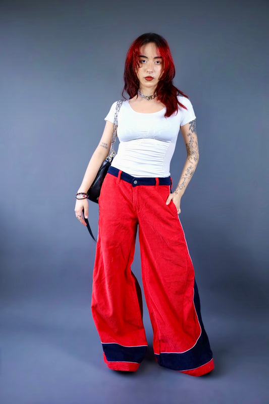 Pantalon extra large velours côtelé rouge