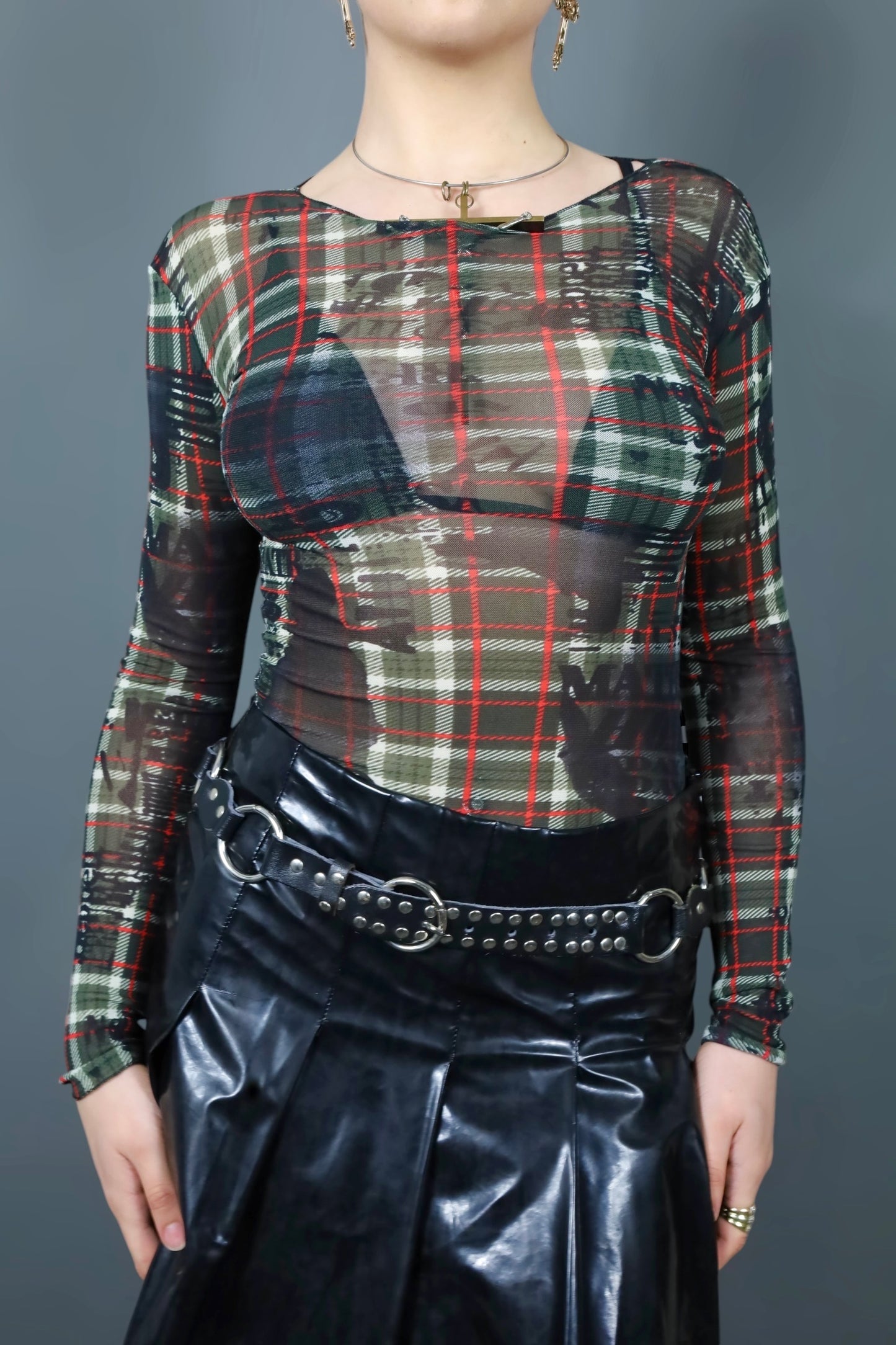 Top en mesh imprimé tartan