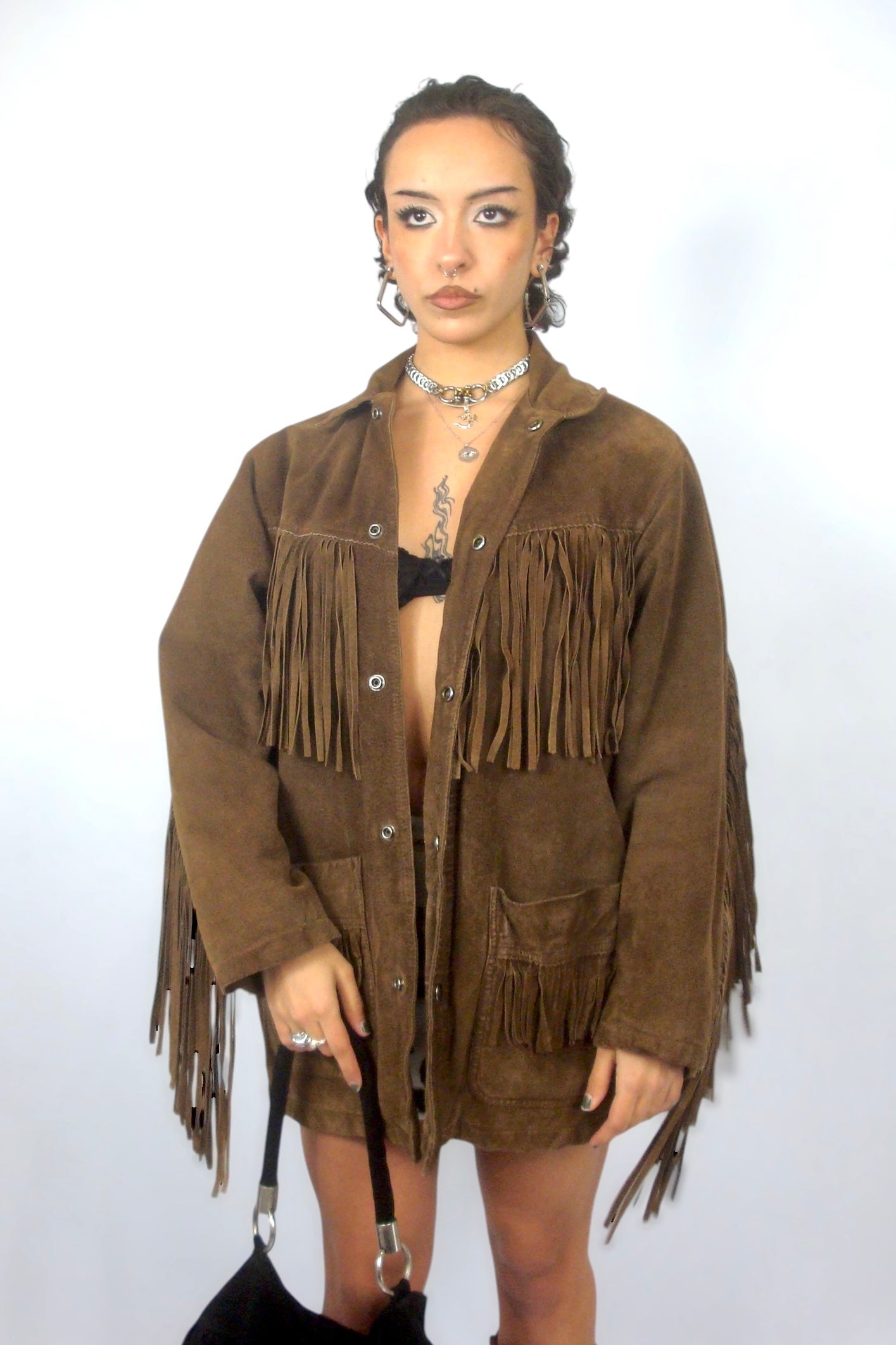 Veste à franges en daim marron