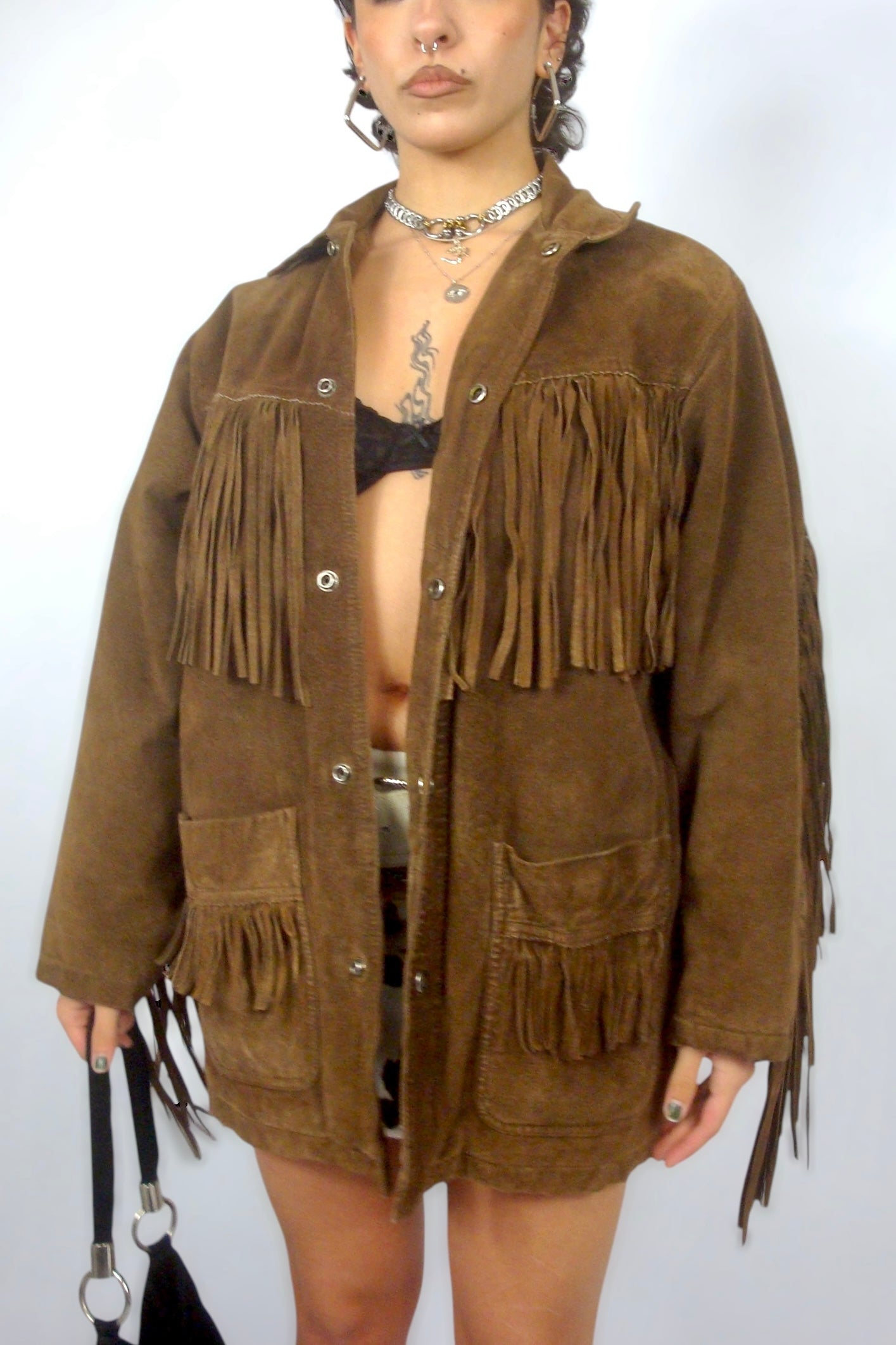 Veste à franges en daim marron