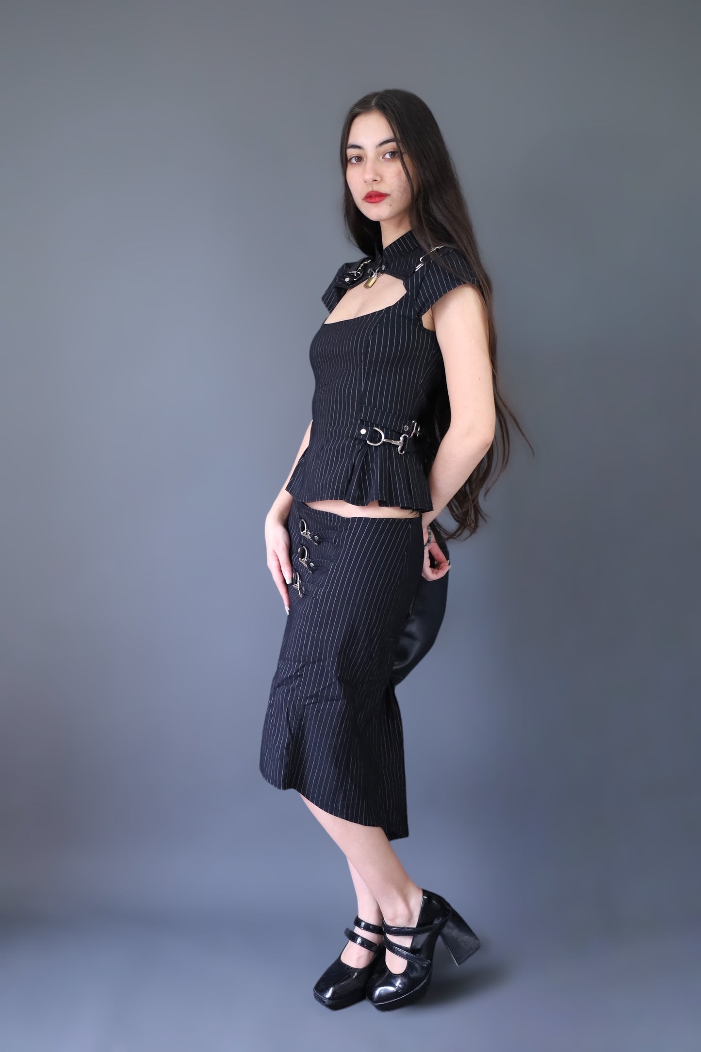 Ensemble top + jupe noir rayé LIP SERVICE