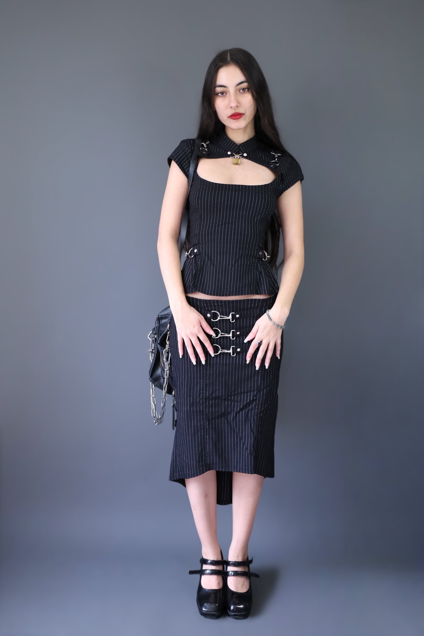 Ensemble top + jupe noir rayé LIP SERVICE