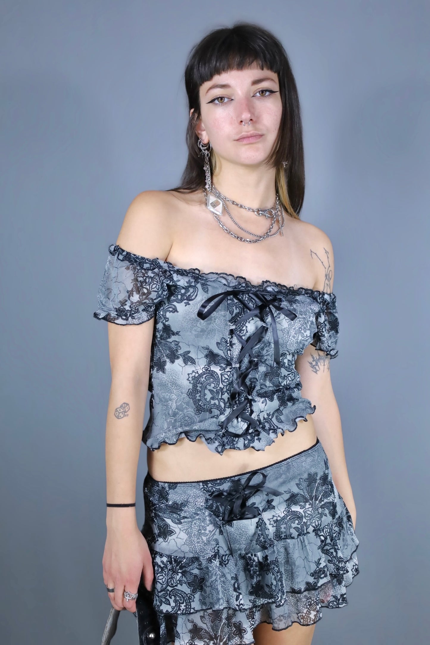 Ensemble jupe + top en mesh à volants