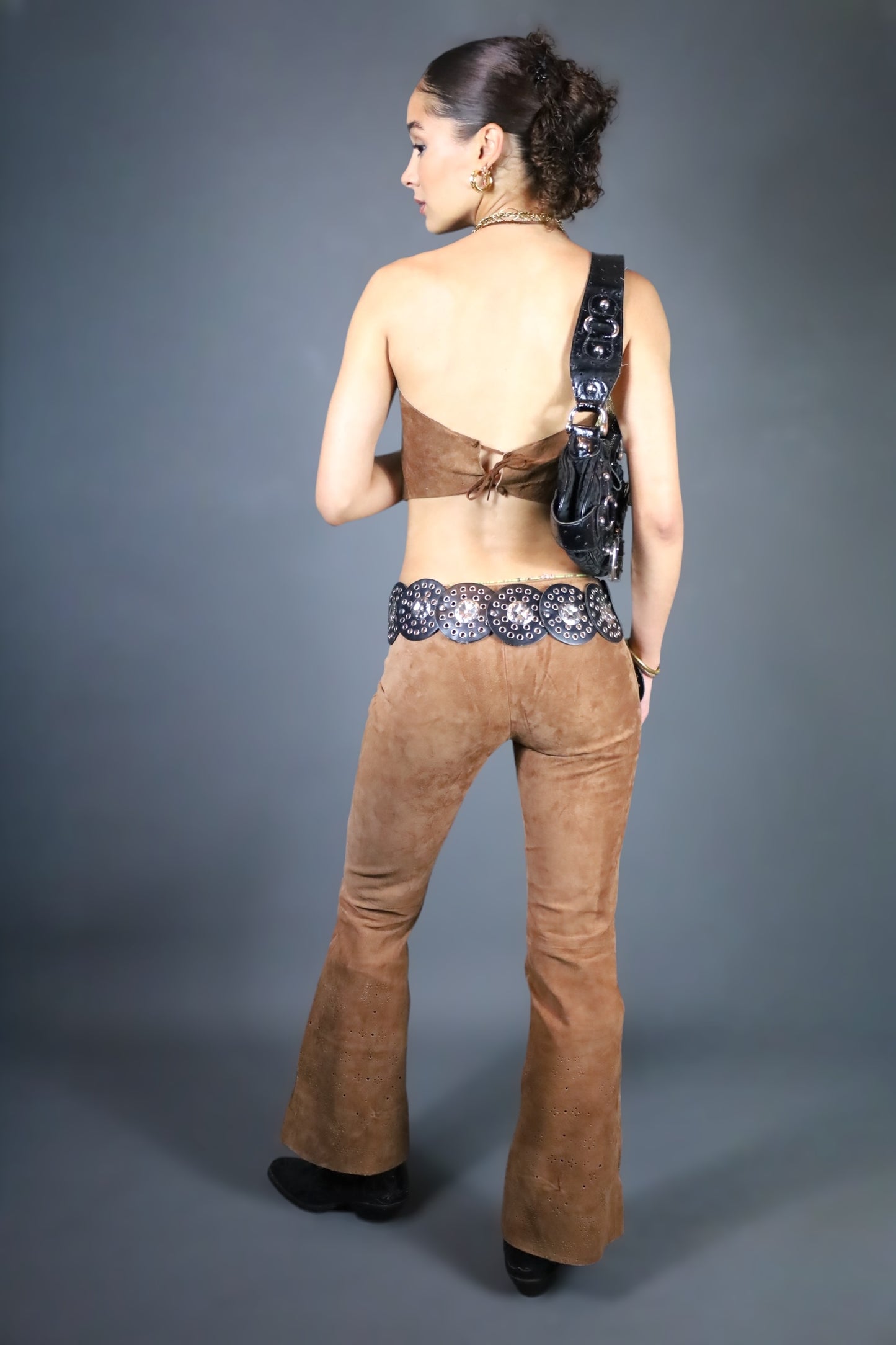 Ensemble dos nu + pantalon en daim marron