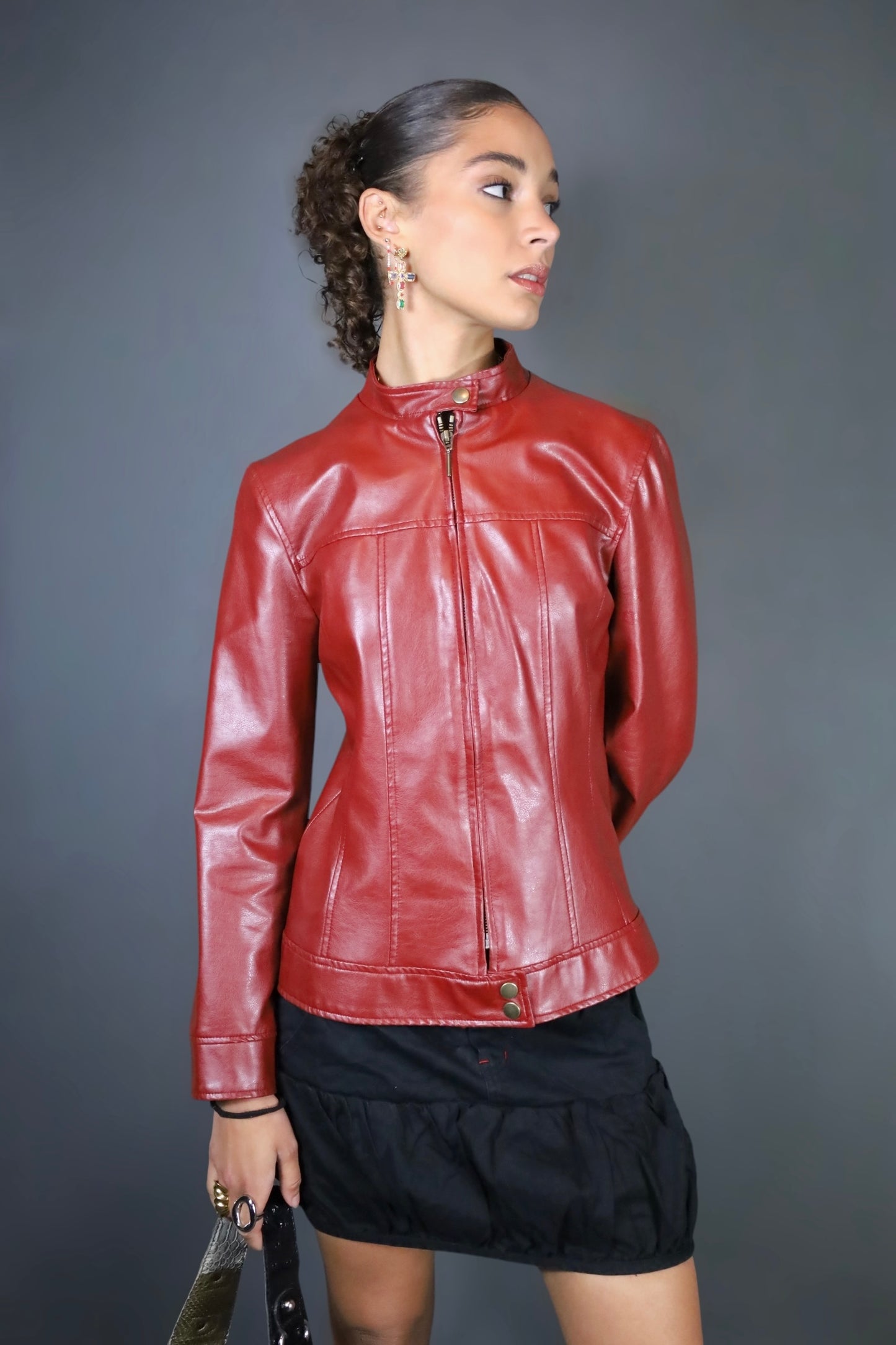 Veste de biker en similicuir bordeaux