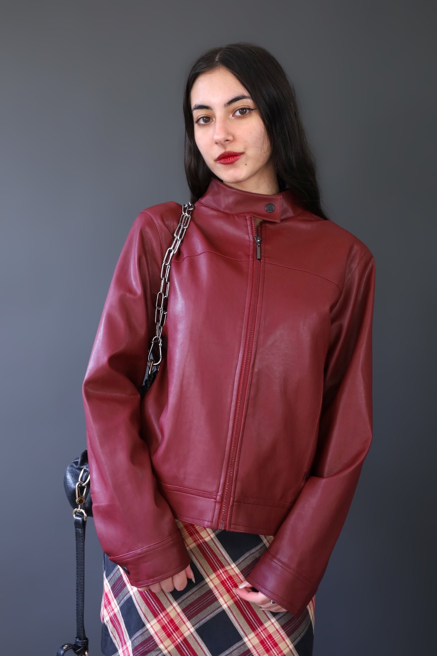 Veste de biker en similicuir bordeaux