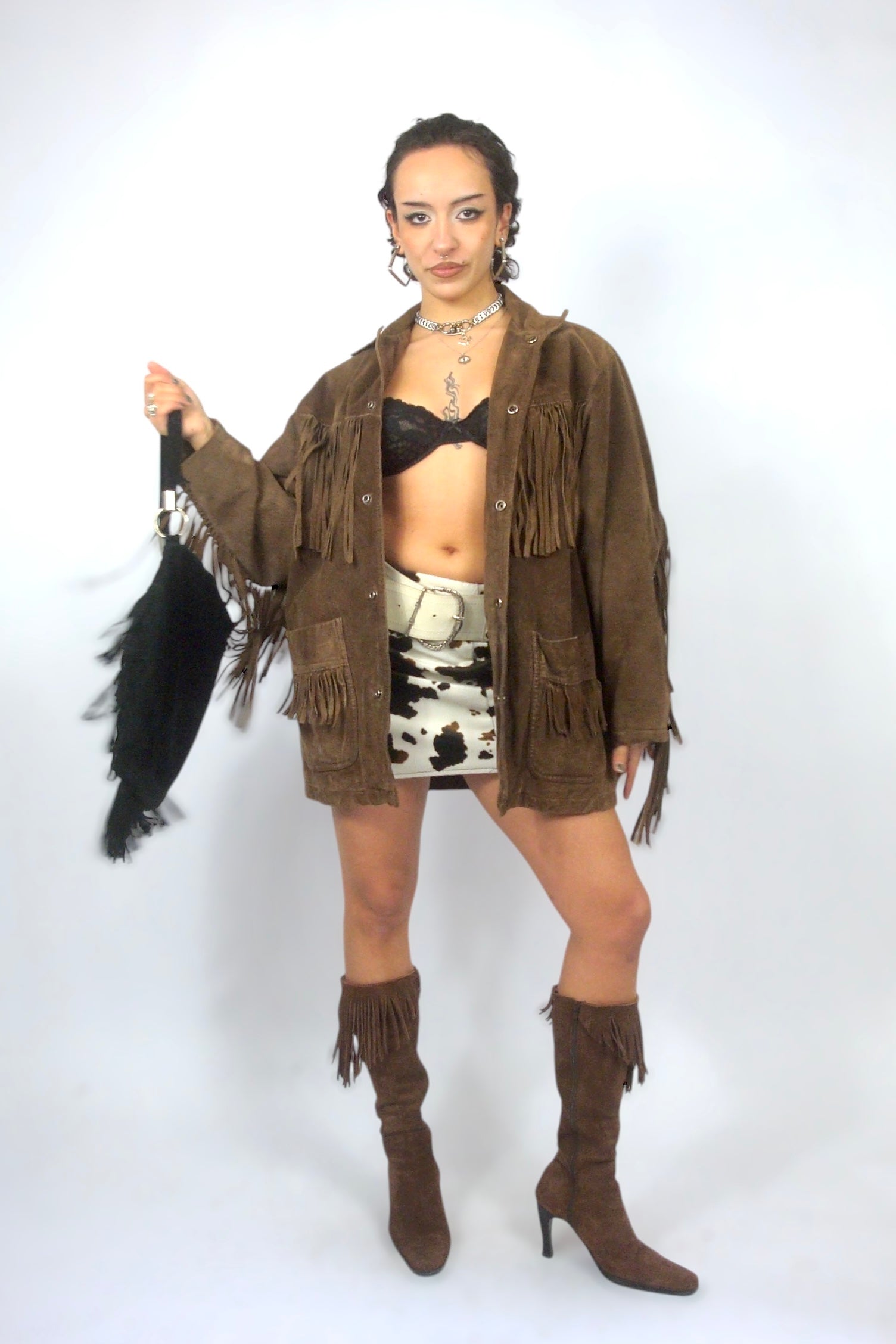 Veste à franges en daim marron