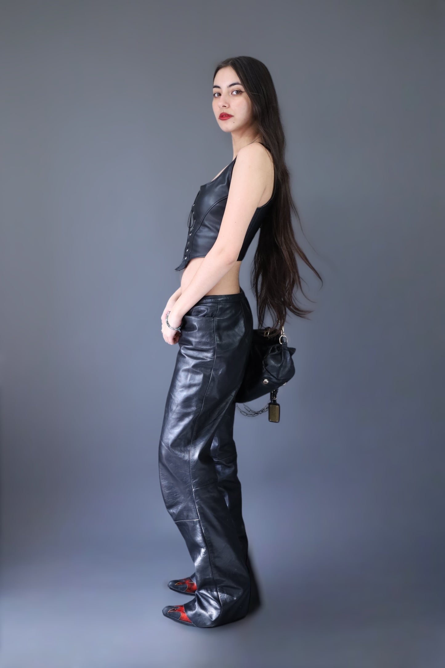 Pantalon flare en cuir noir