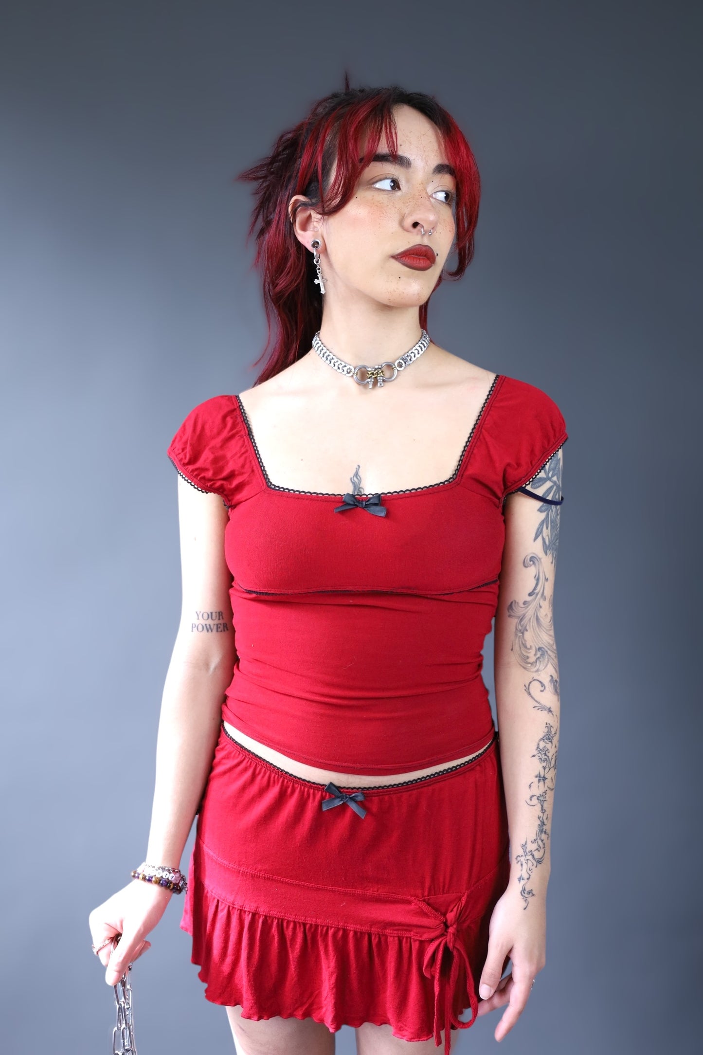 Ensemble top babydoll + mini jupe rouge