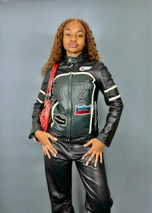 Veste moto racing en cuir noir