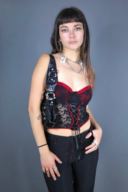 Bustier en mesh et dentelle rouge et noir