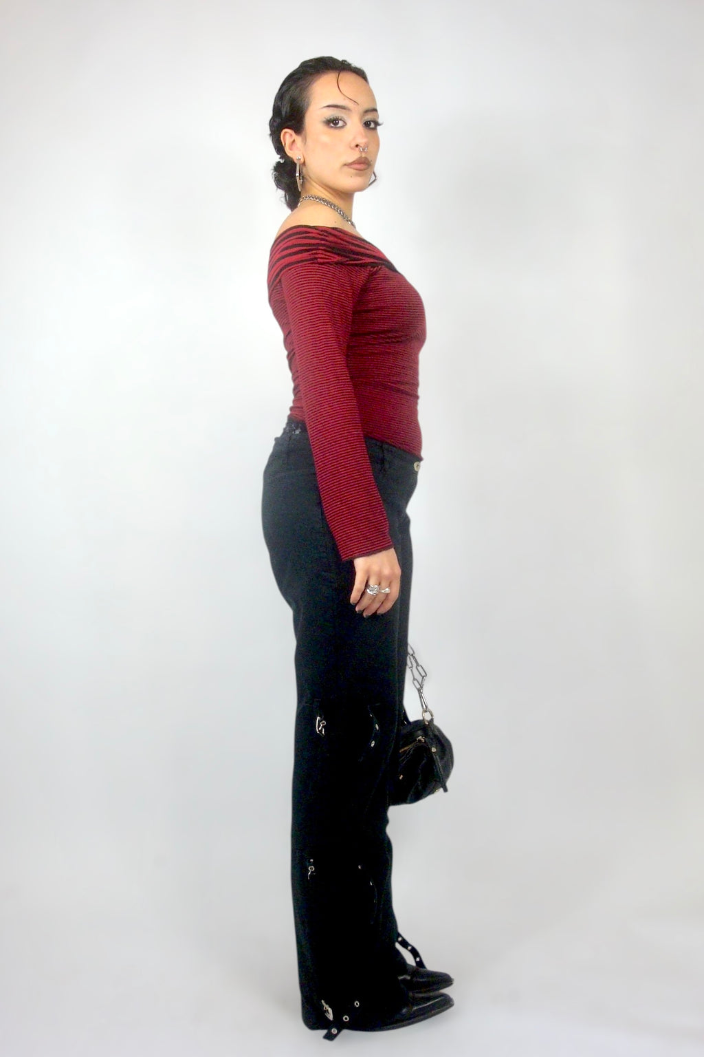 Top off shoulder rayé rouge