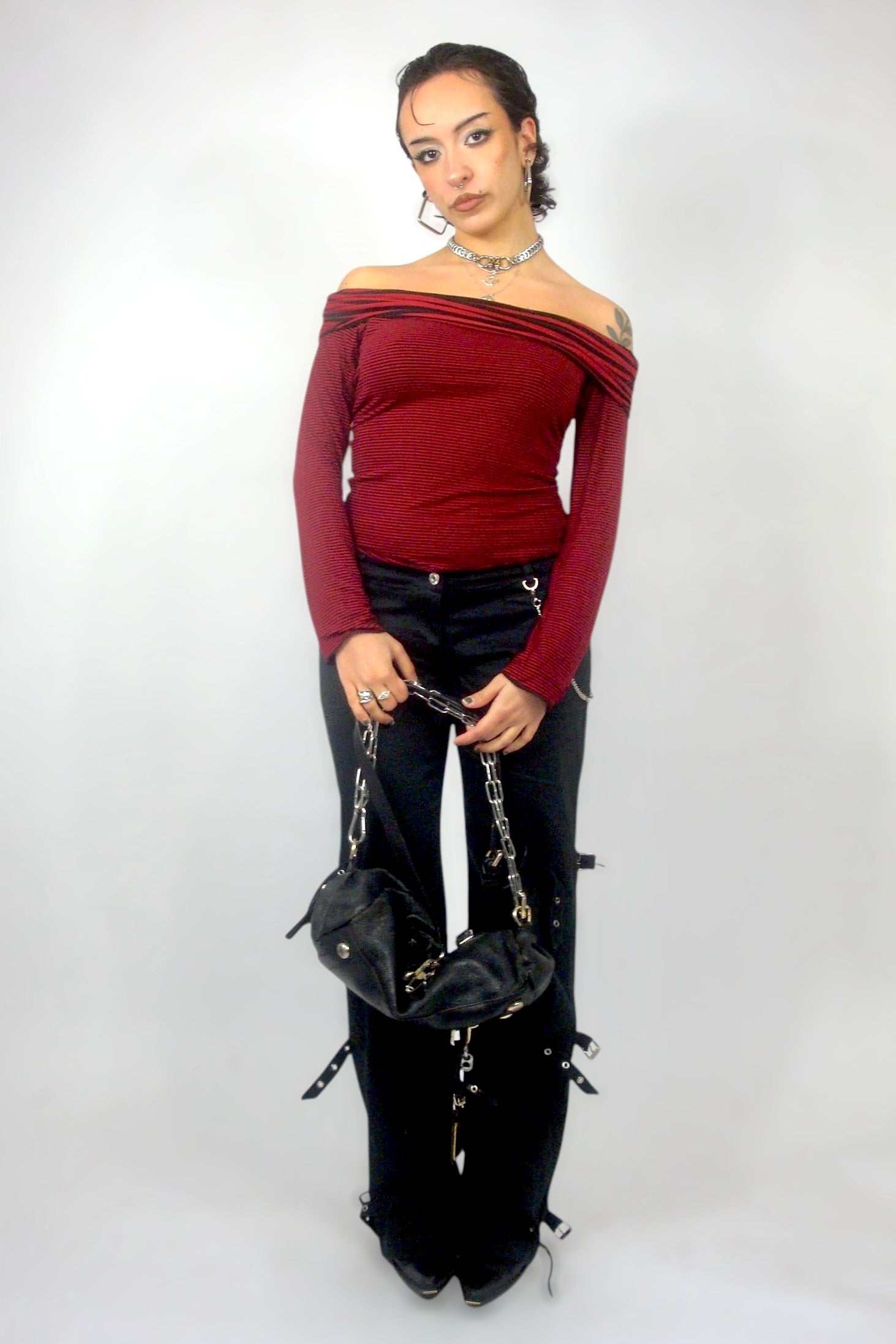 Top off shoulder rayé rouge