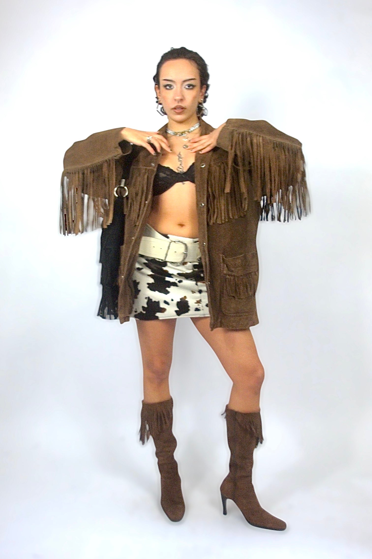 Veste à franges en daim marron