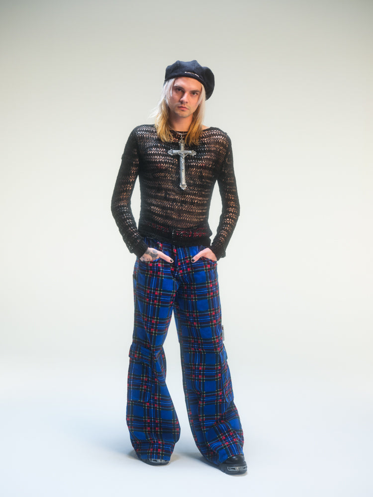 Pantalon baggy tartan bleu deadstock