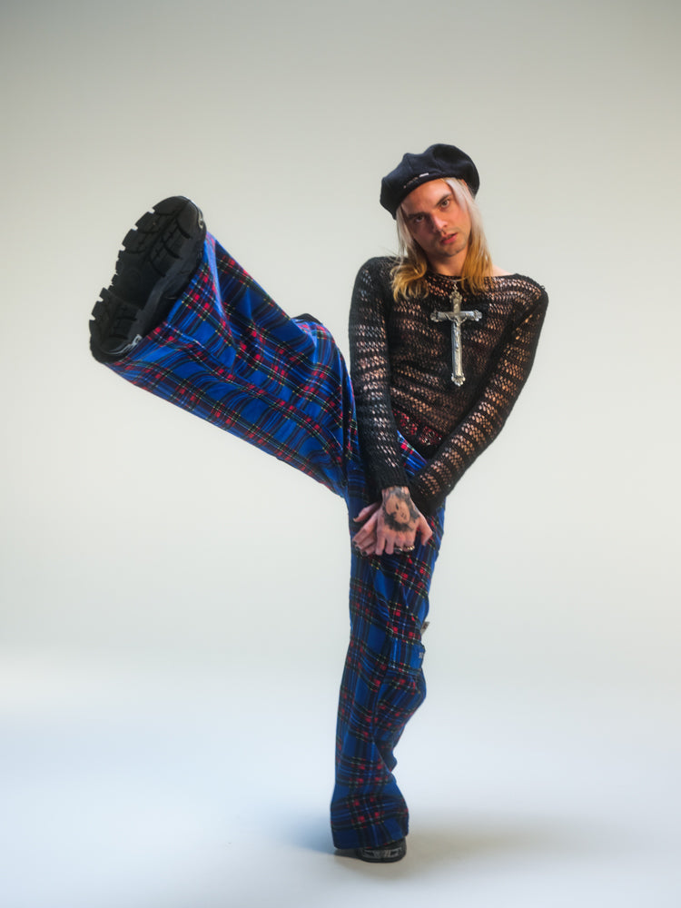 Pantalon baggy tartan bleu deadstock